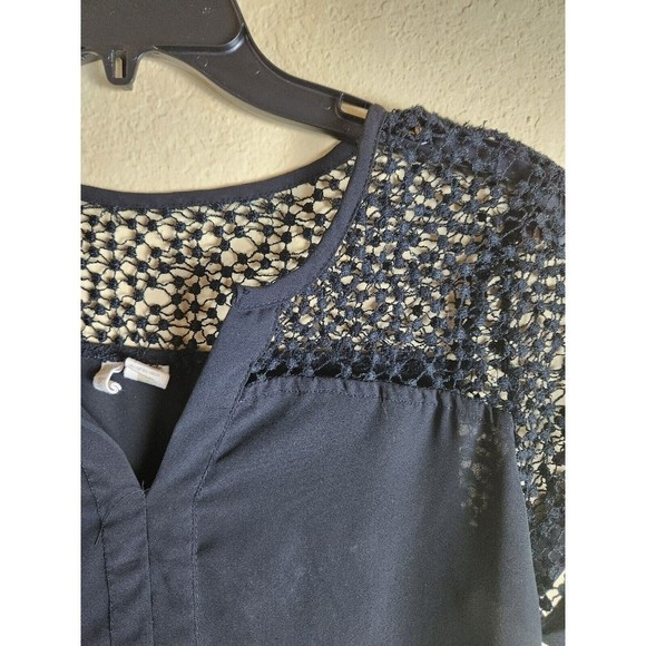 Japna Top Small Womens Black Chiffon Sheer See‎ Through Crochet V Neck Blouse - Picture 8 of 8